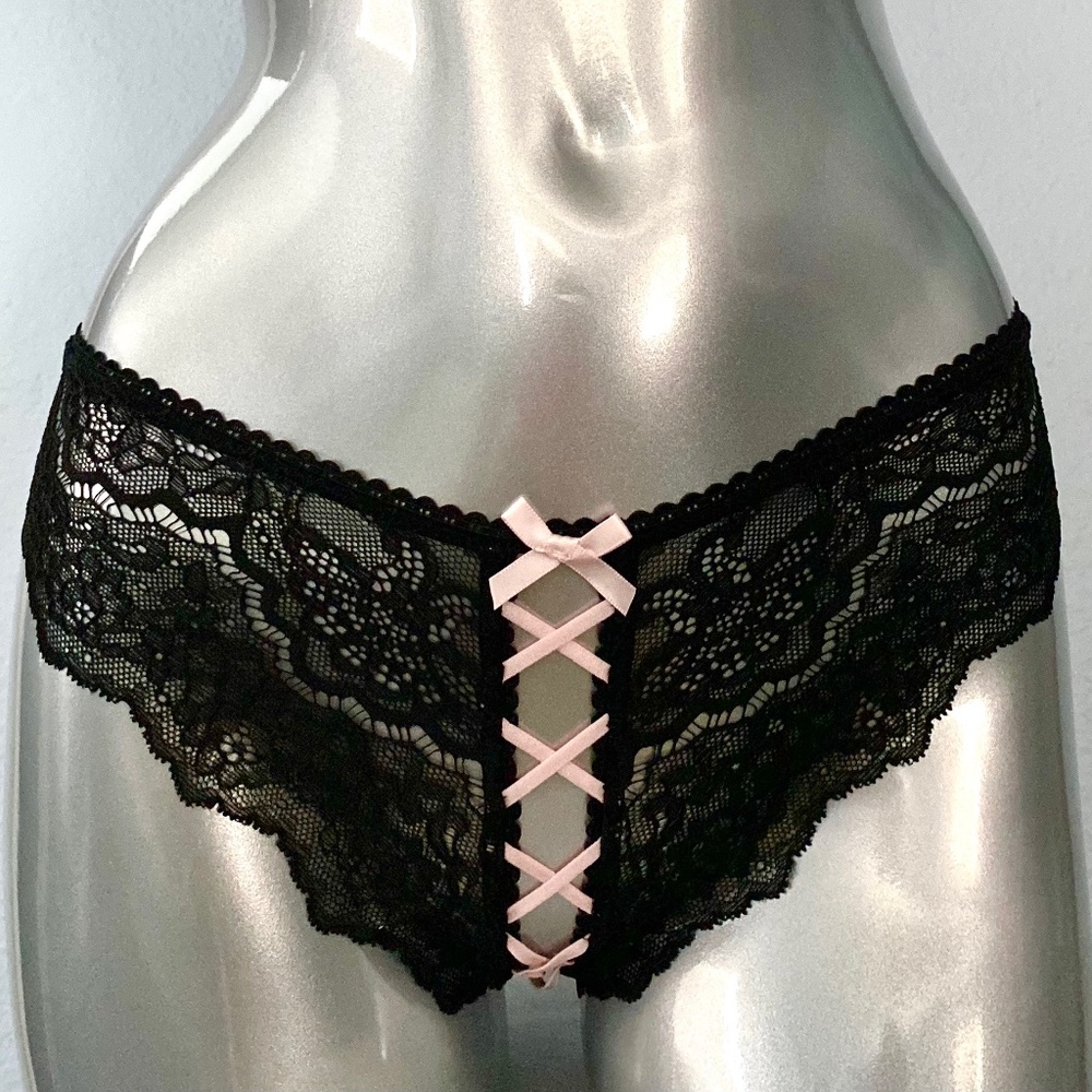 Victorias Secret Nwt Black Dream Angels Lace Up Open Cheekini Cheeky Panty